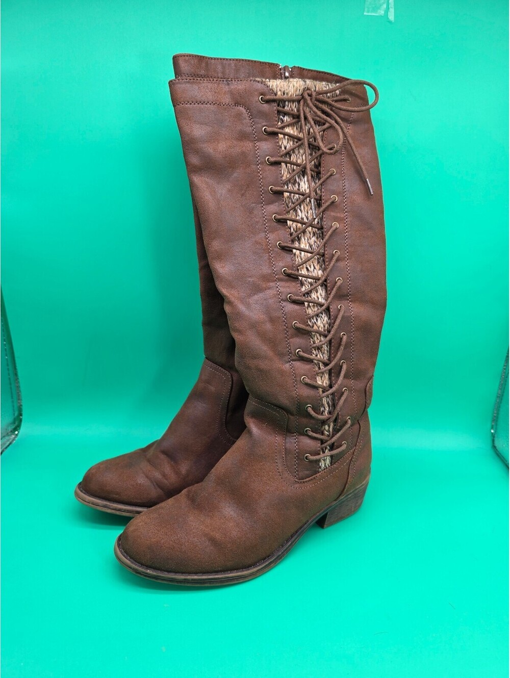 Apt. 9 Women's Tall Lace-Up Boots Brown Knit Back Side Zip Size 7.5M